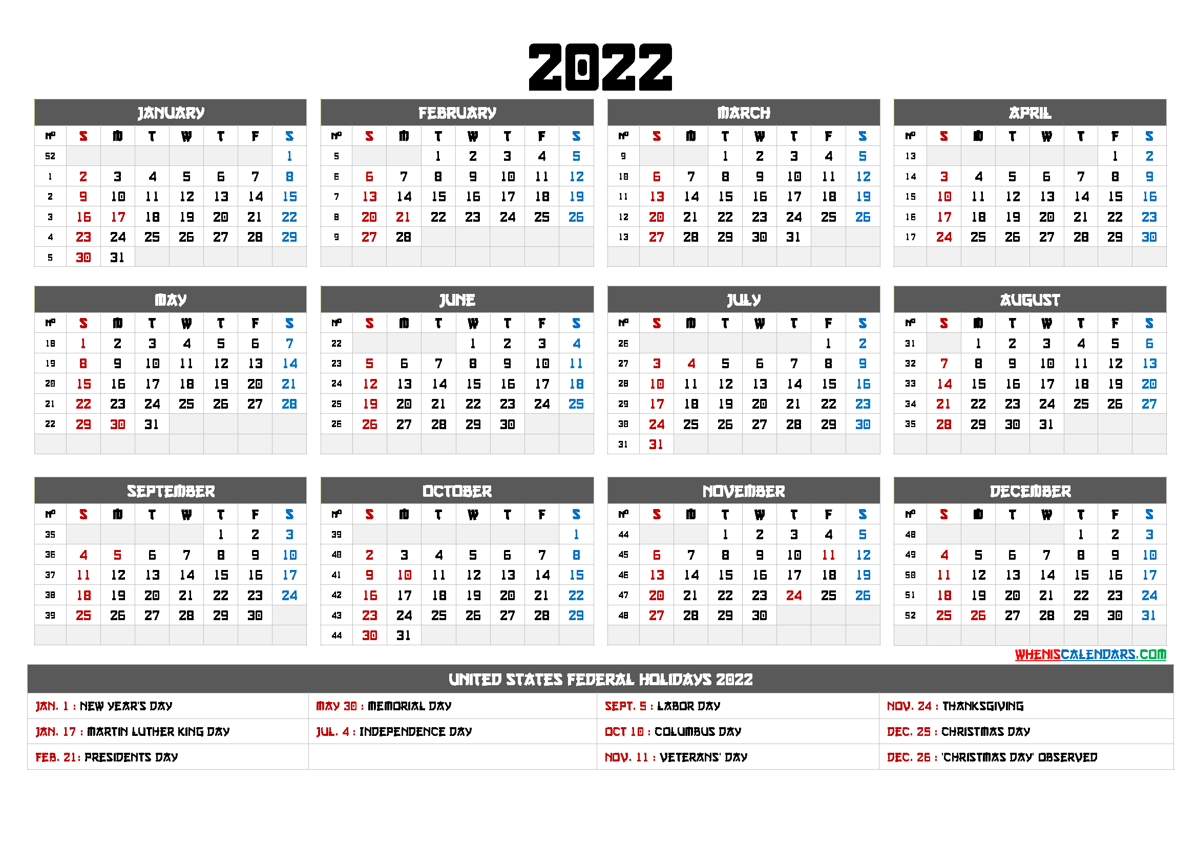 2022 Calendar With Week Numbers Printable - 9 Templates