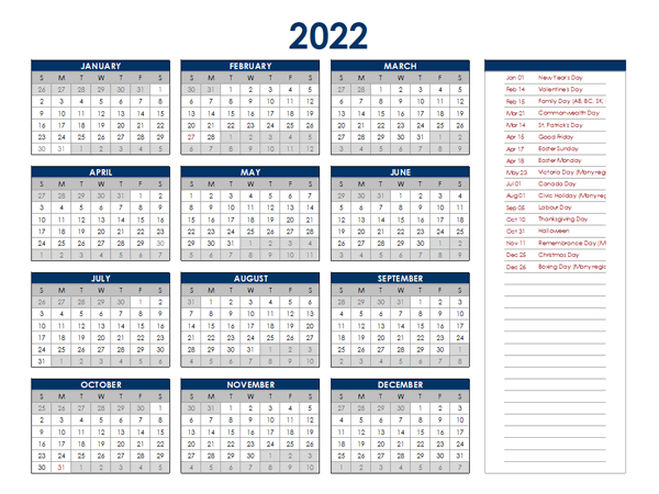 2022 Canada Annual Calendar With Holidays - Free Printable