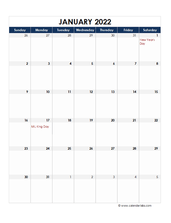 2022 Excel Monthly Calendar Template - Free Printable
