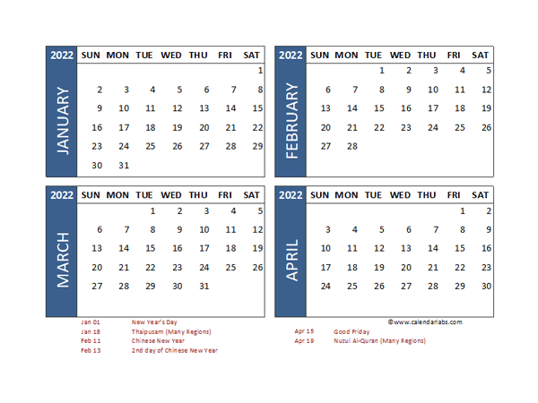 2022 Four Month Calendar With Malaysia Holidays - Free