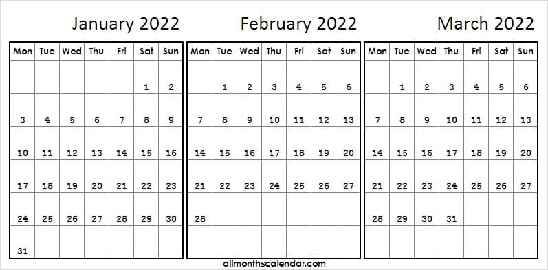 2022 January February March Calendar Blank - Jan 2022