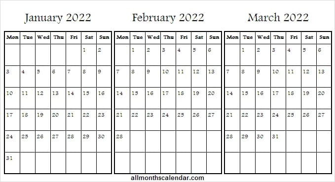 2022 January February March Calendar Blank - Jan 2022