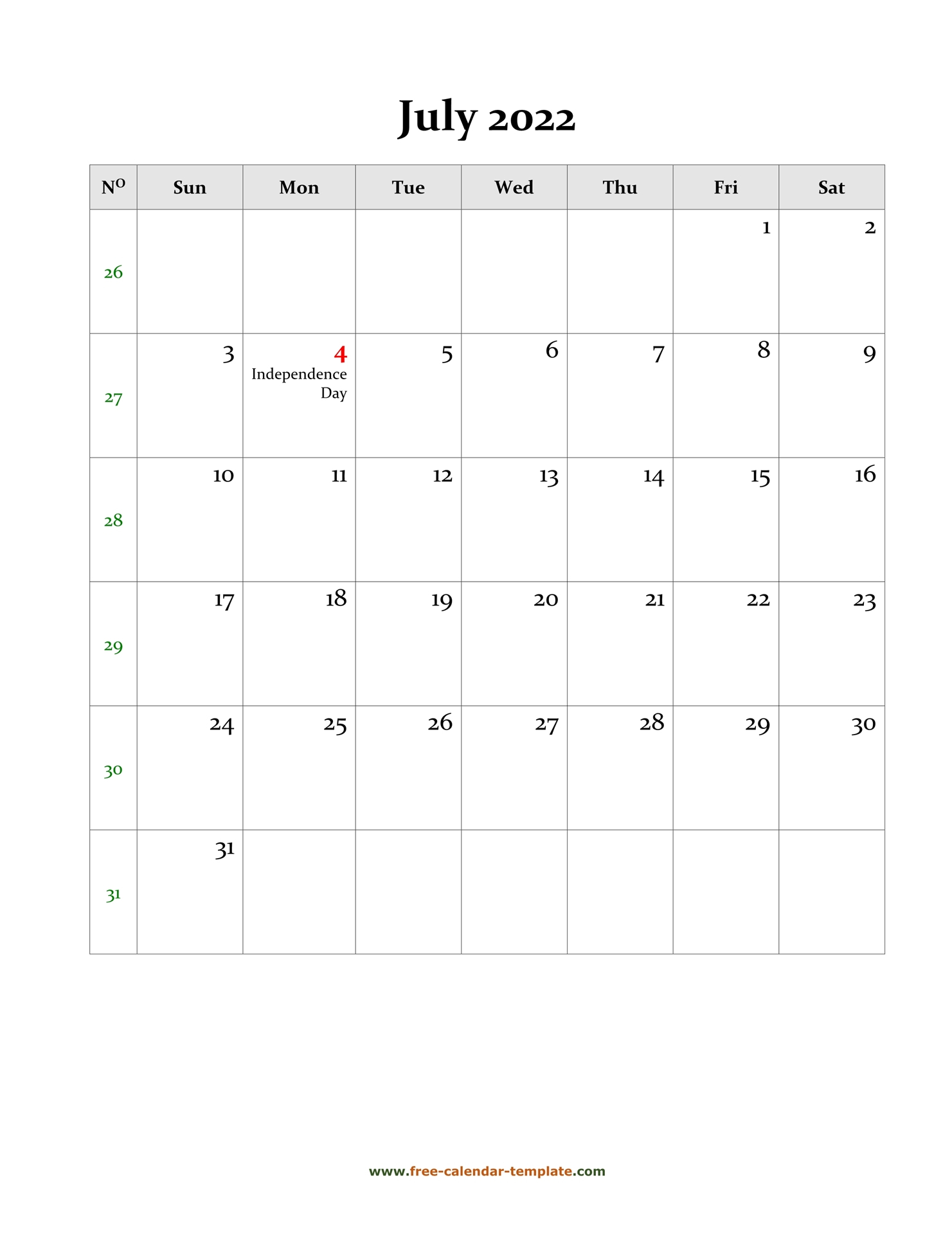 2022 July Calendar (Blank Vertical Template) | Free
