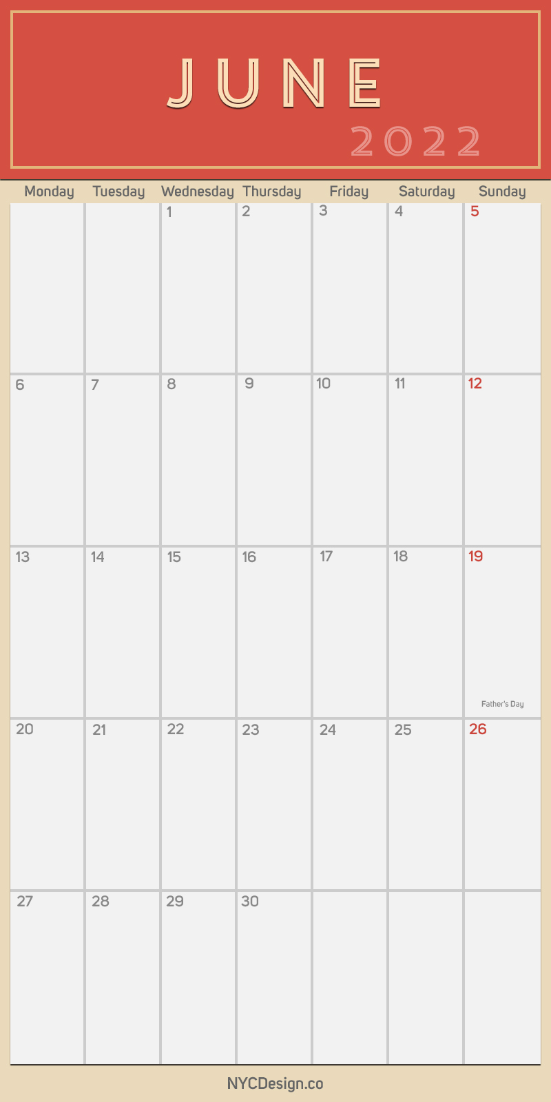 2022 June - Monthly Calendar, Planner, Printable Free
