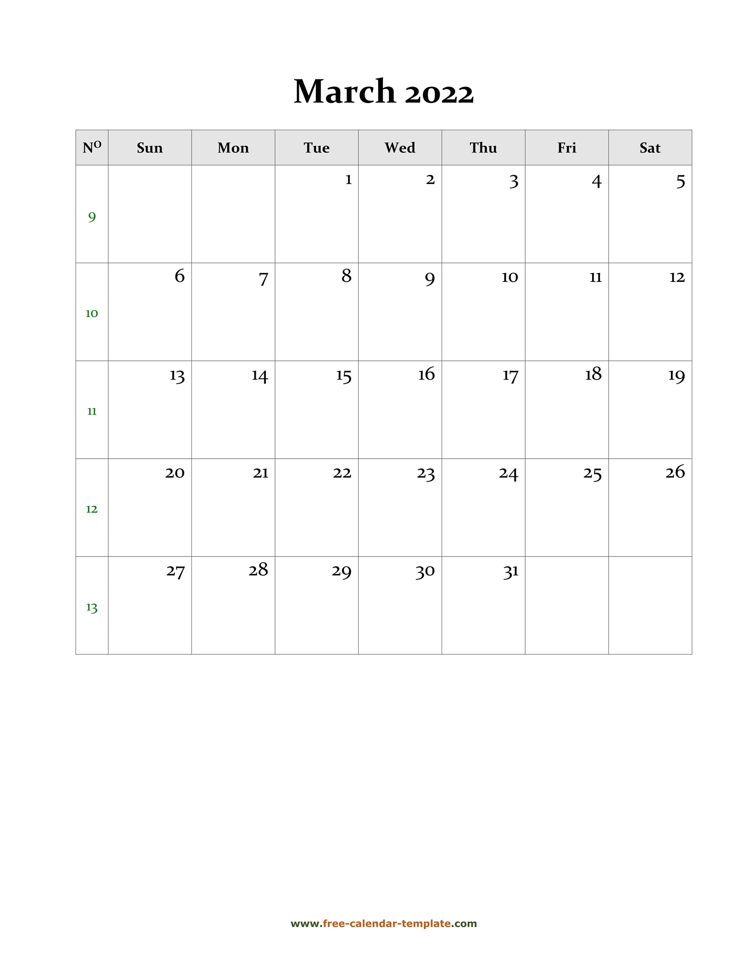 2022 March Calendar (Blank Vertical Template) | Free