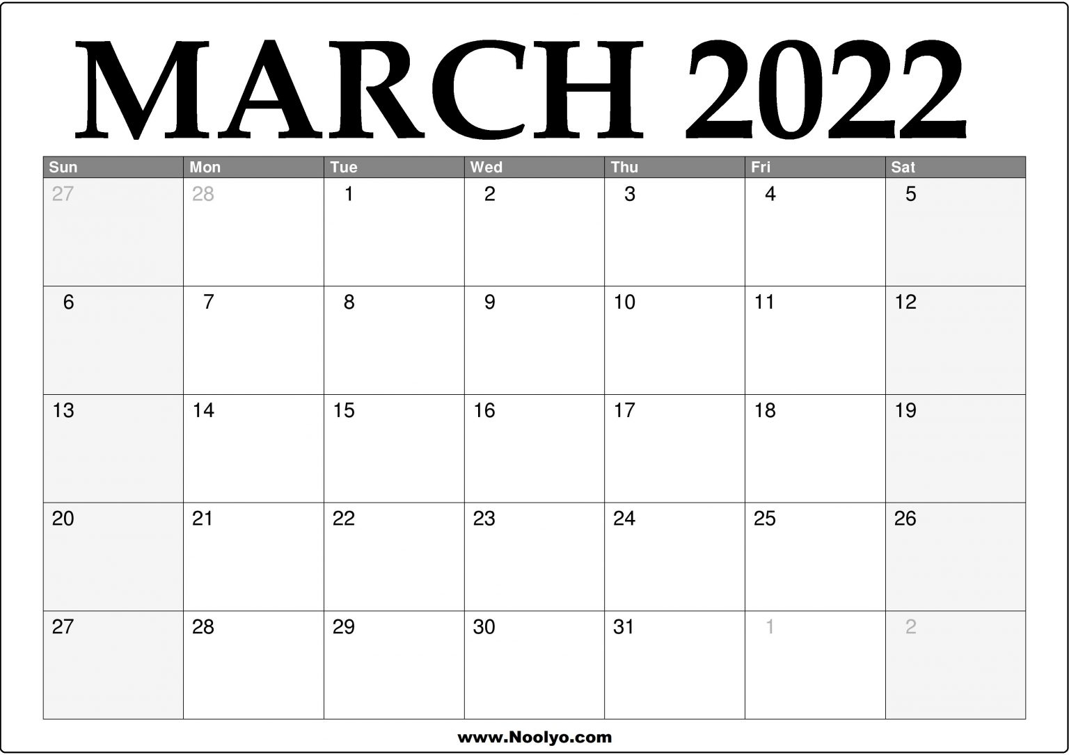 2022 March Calendar Printable - Download Free - Noolyo