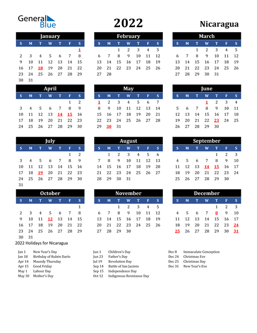 2022 Nicaragua Calendar With Holidays