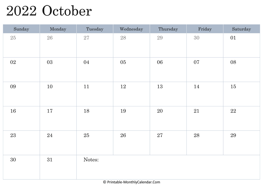 2022 Printable Calendar October