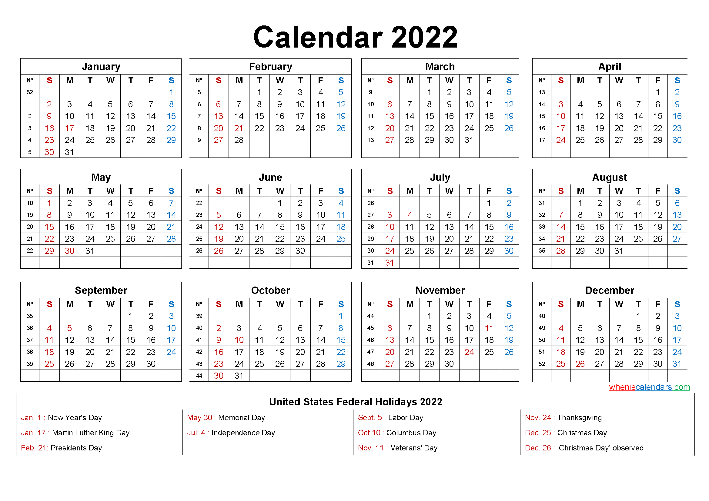 2022 Printable Calendar One Page With Holidays : 2021 And