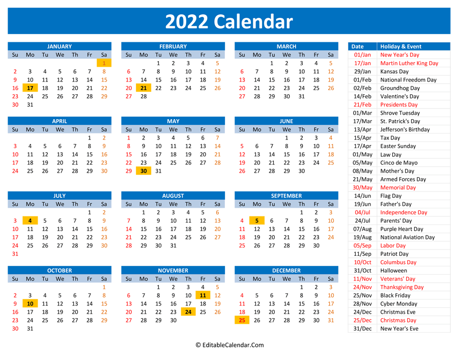 2022 Printable Calendar With Holidays