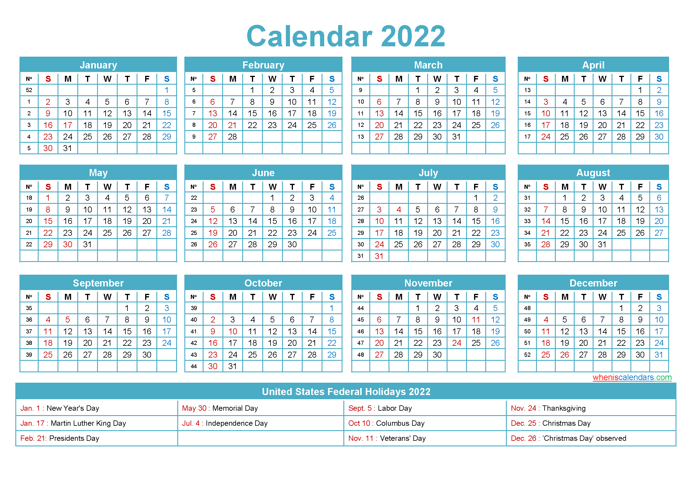 2022 Printable Calendar With Holidays | Free Letter Templates