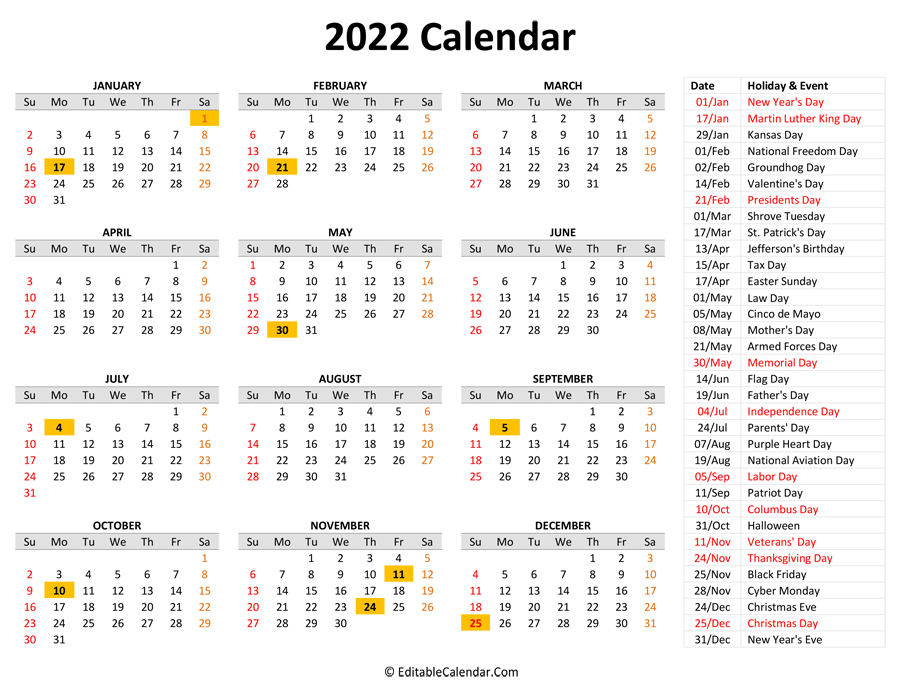 2022 Printable Calendar With Holidays