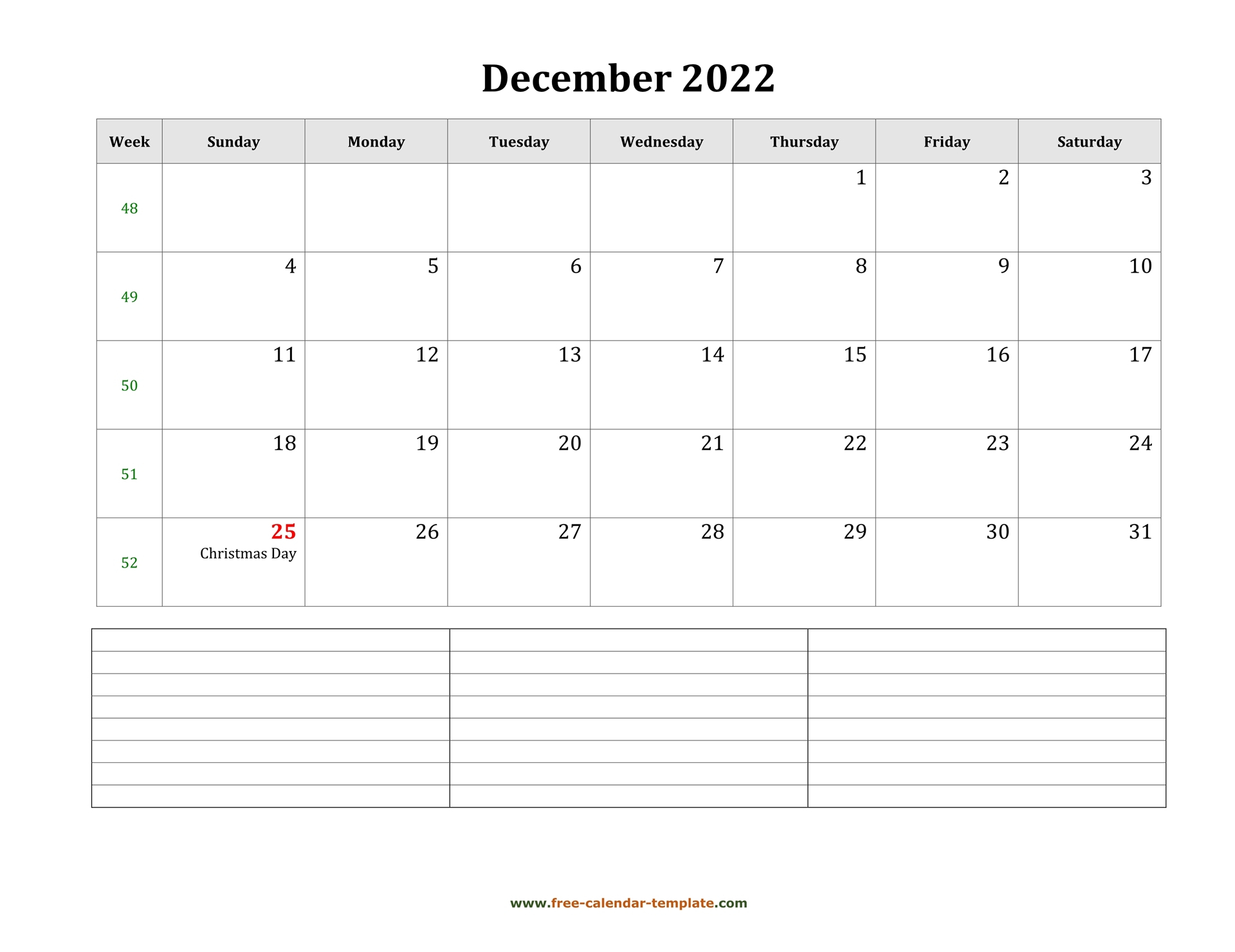 2022 Printable December Calendar With Space For