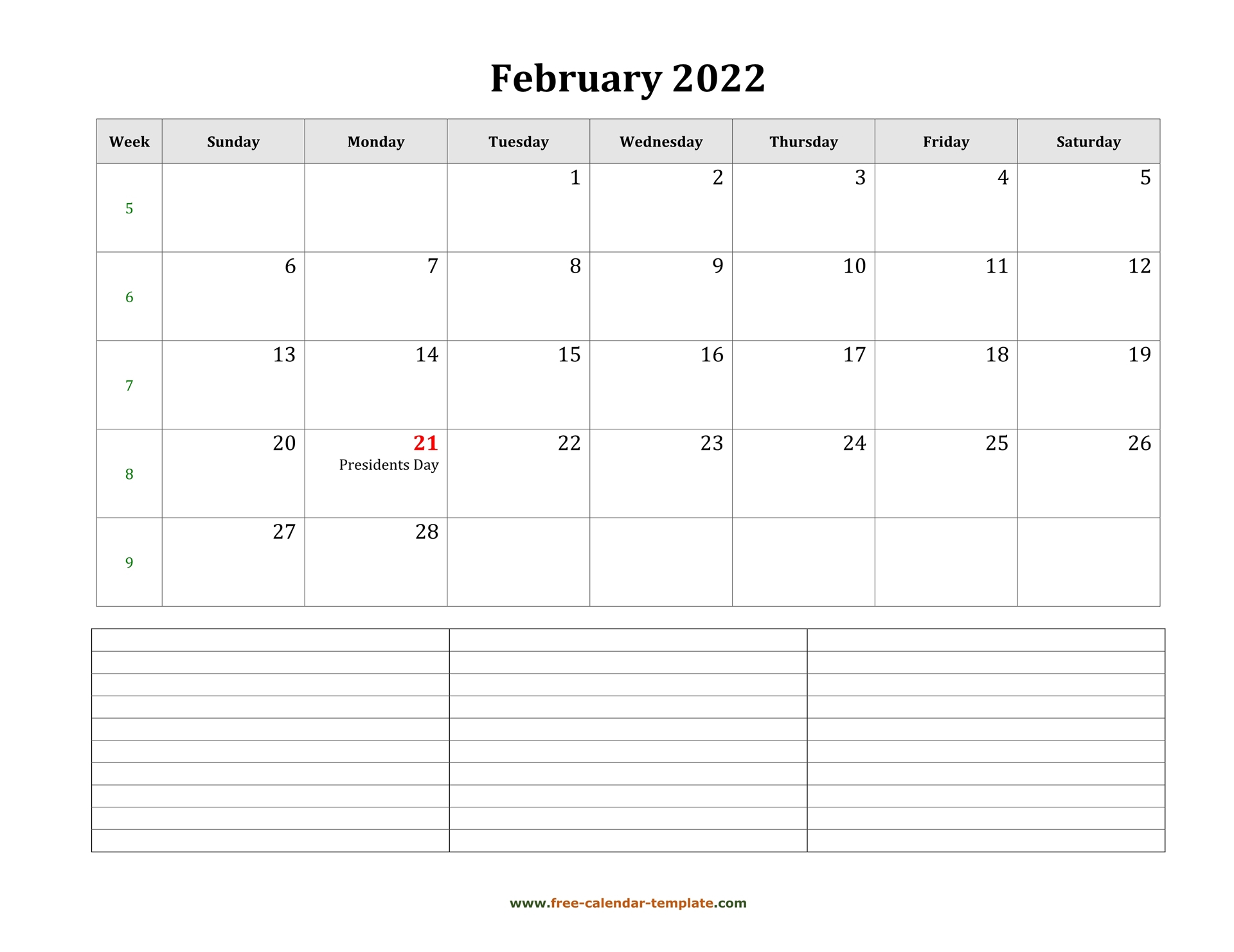 2022 Printable February Calendar With Space For