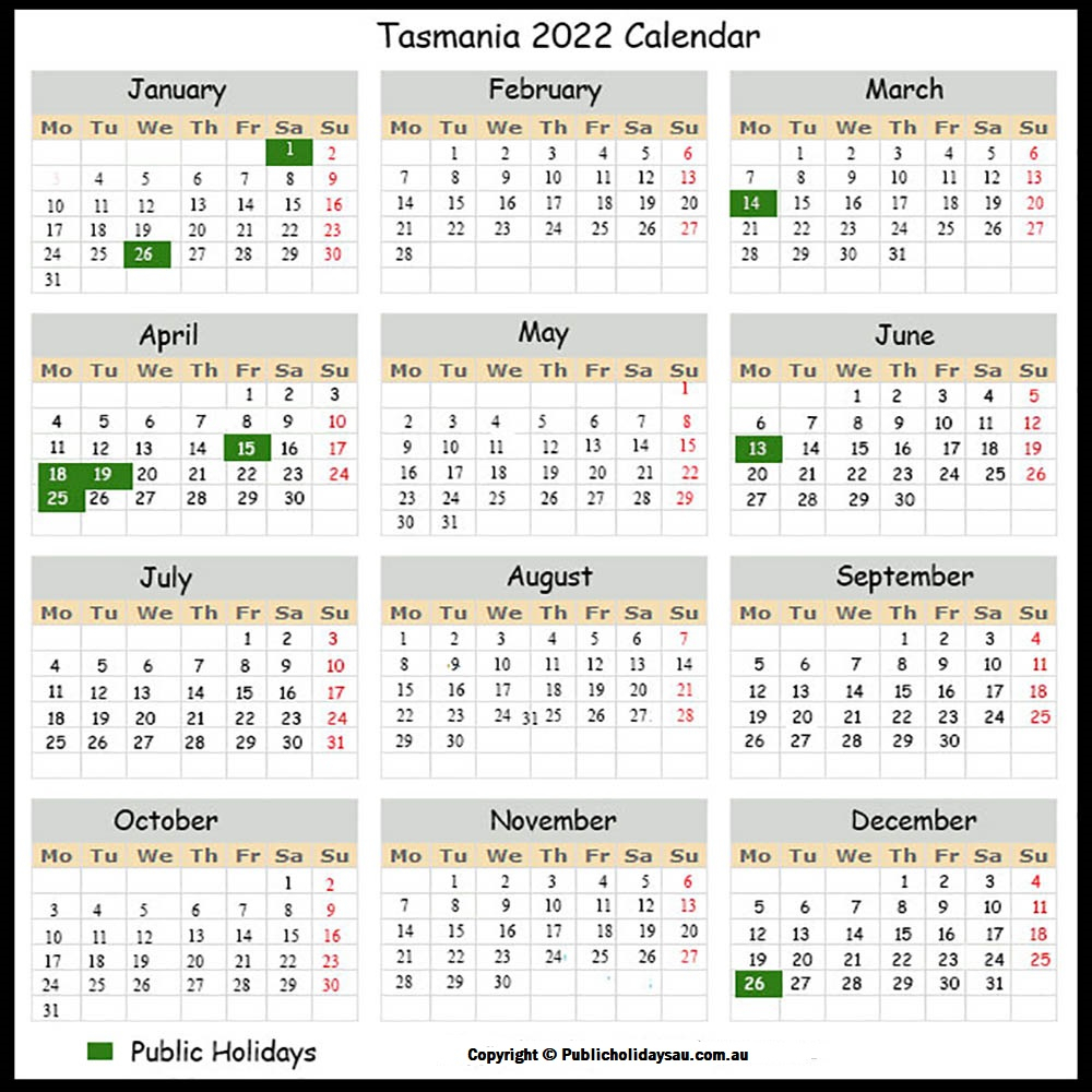 2022 Public Holidays Tas