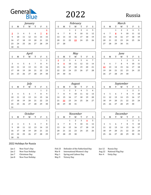 2022 Russia Calendar With Holidays