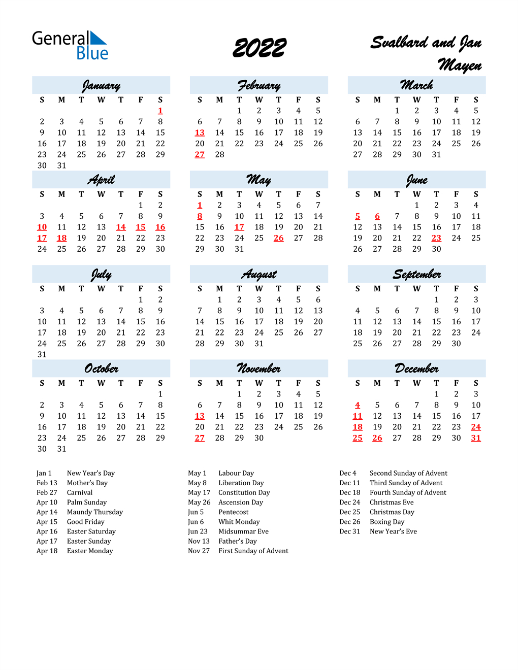 2022 Svalbard And Jan Mayen Calendar With Holidays