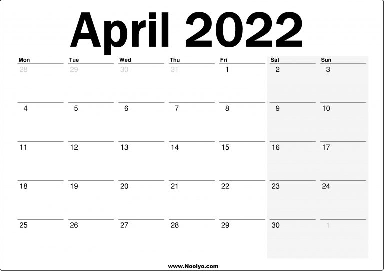 2022 Uk April Calendar Printable - Noolyo