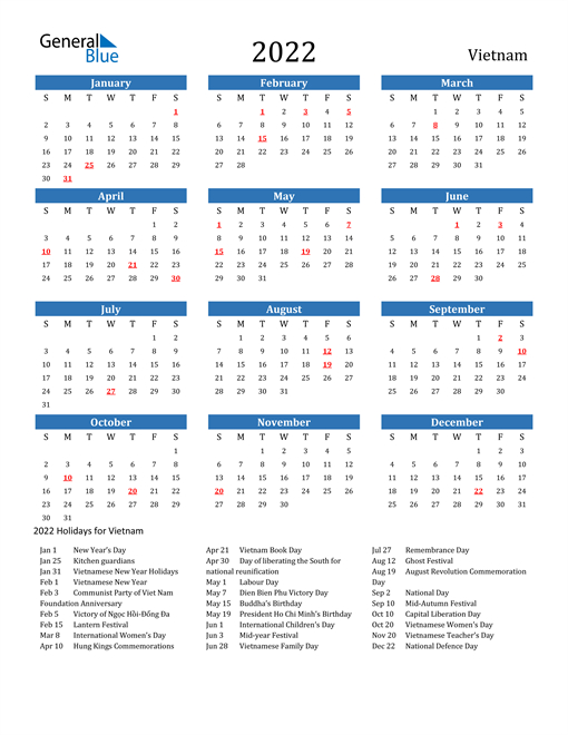 2022 Vietnam Calendar With Holidays