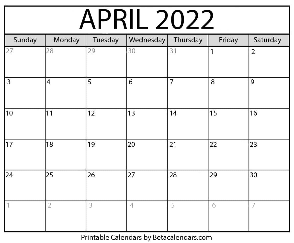 2022 Weekly Calendar April