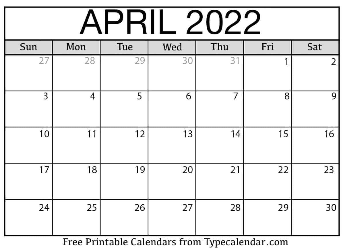 2022 Weekly Calendar April