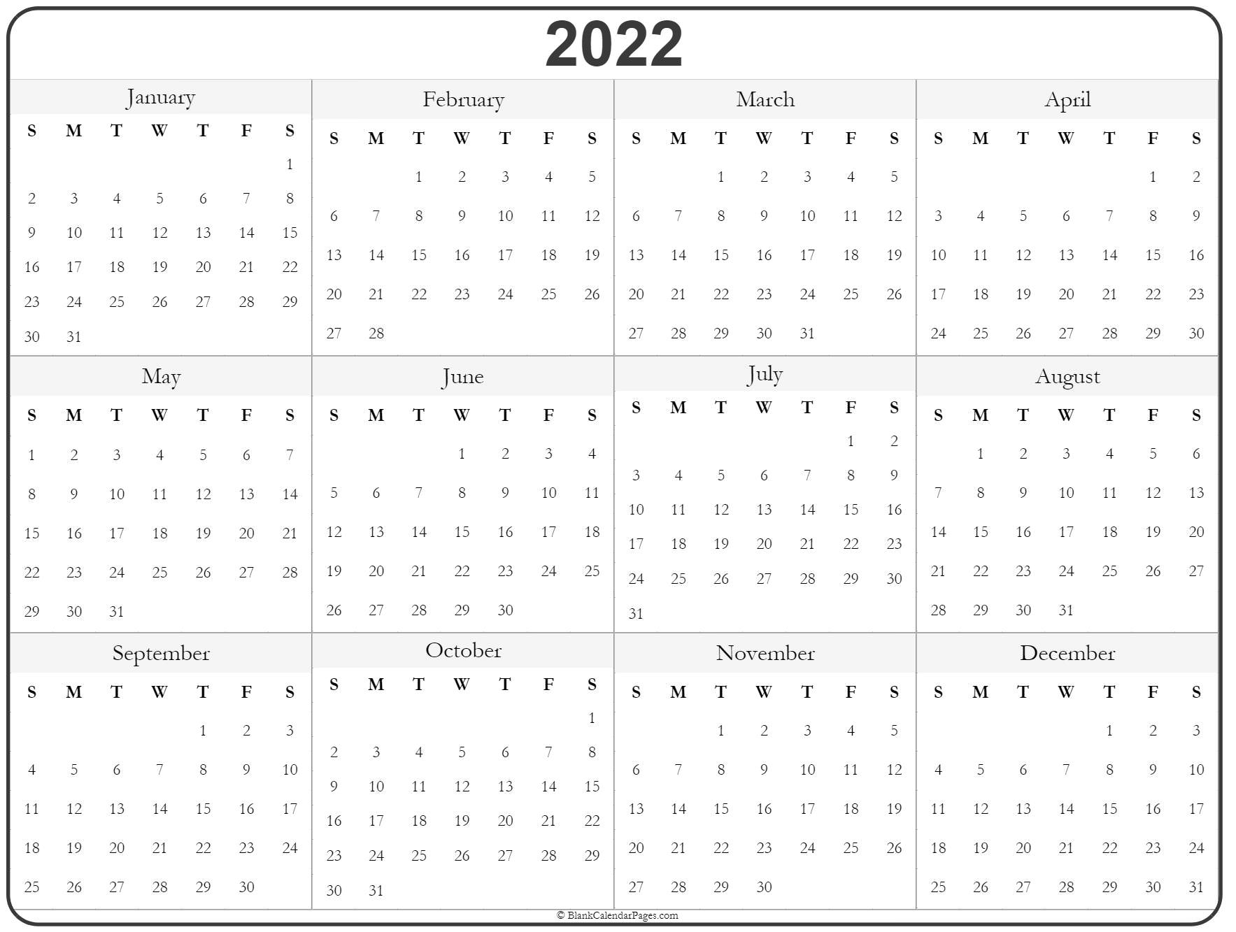 2022 Year Calendar | Yearly Printable