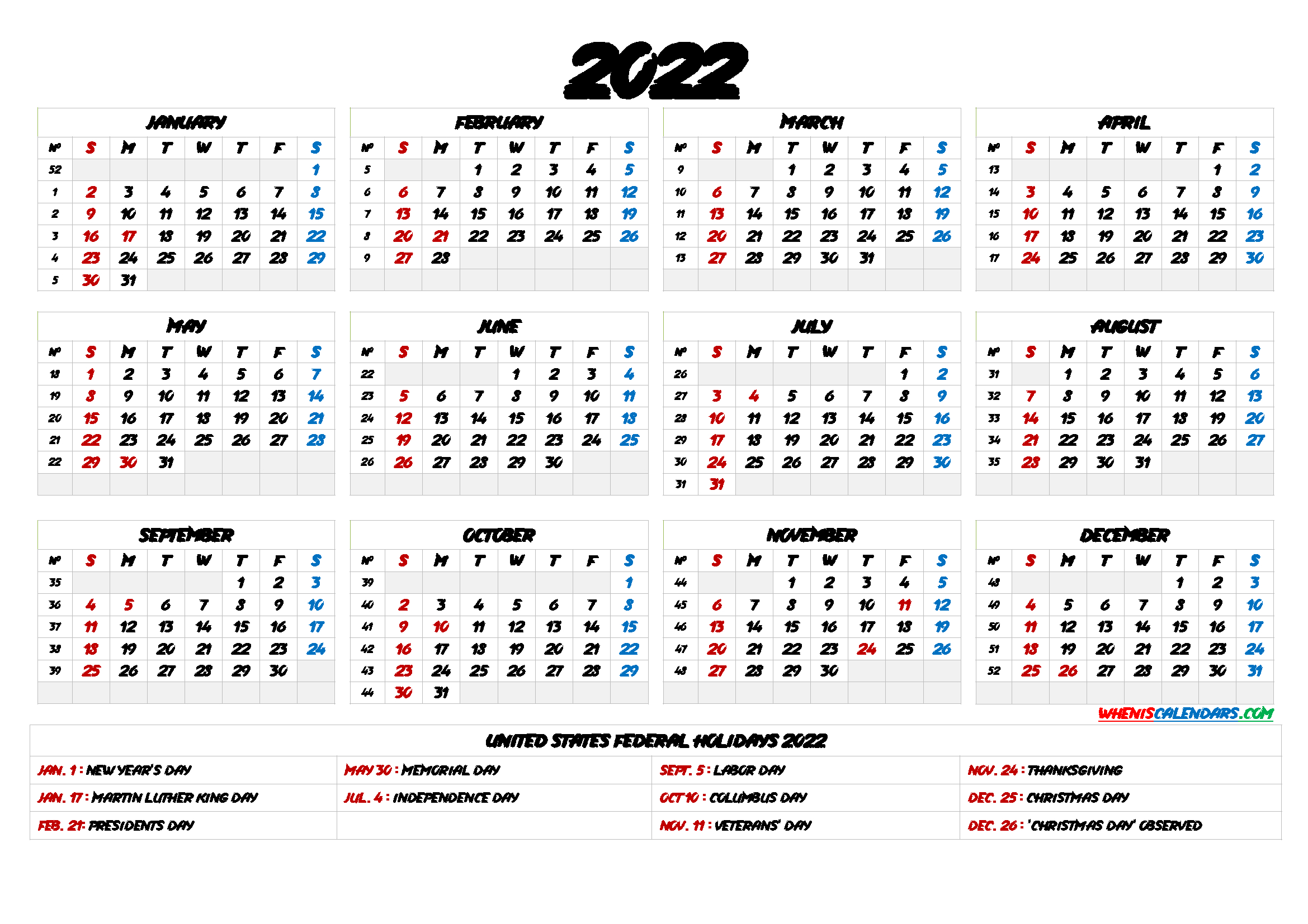 2022 Yearly Calendar Template Word - 6 Templates