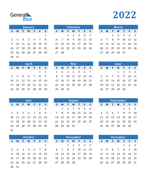 2022 Yearly Printable Calendars In Microsoft Word, Excel