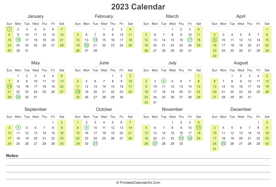 2023 Calendar With Us Holidays And Notes (Landscape Layout)