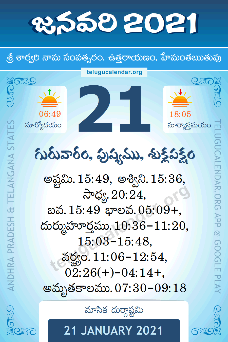 21 January 2021 Panchangam Calendar పంచాంగం జనవరి Daily In