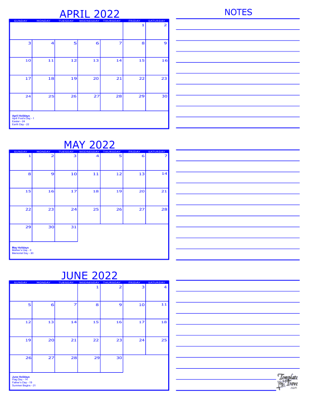 3 Month Calendar - 2022