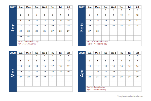 4 Month Calendar 2022 - April 2022 Calendar