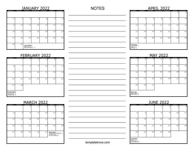 6 Month Calendar - 2022