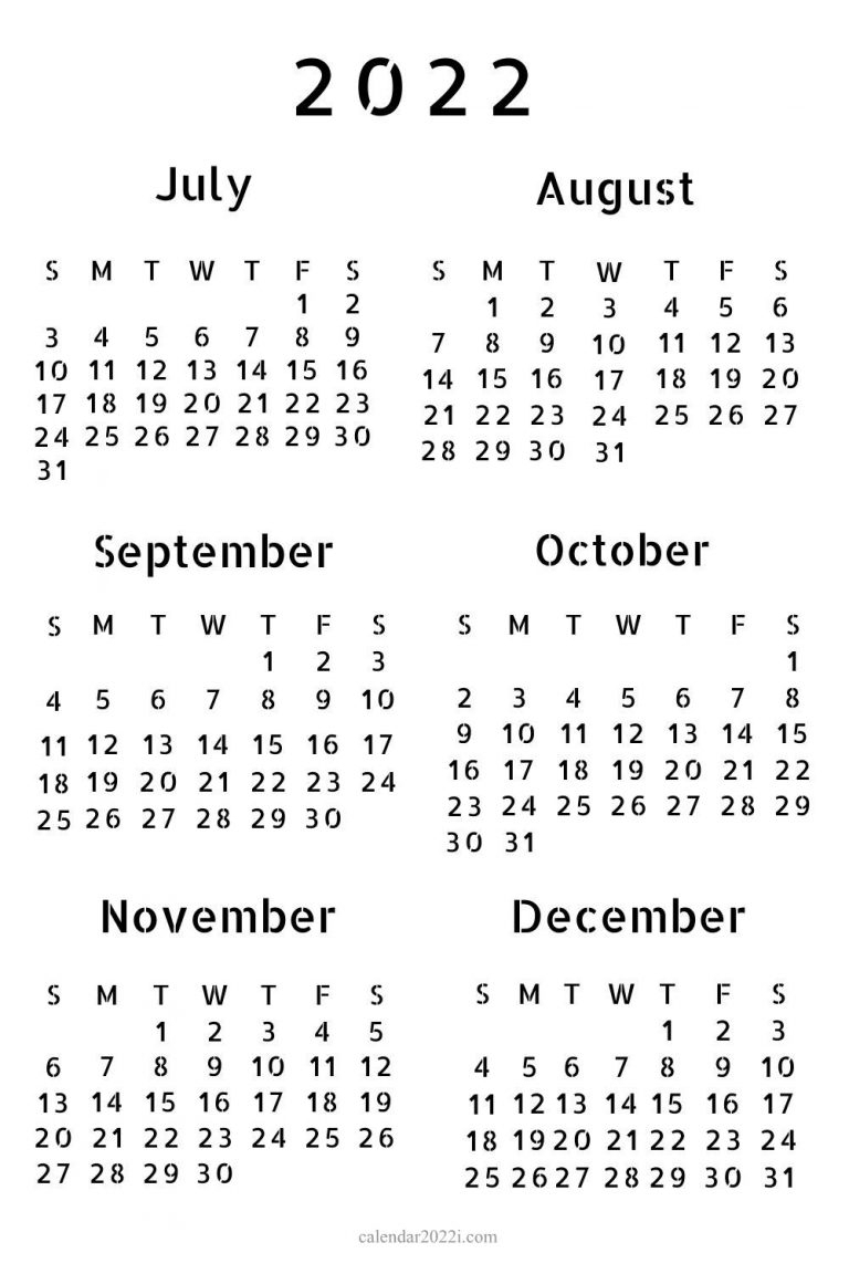 6 Months 2022 Half Year Calendar Printable - Calendar 2022