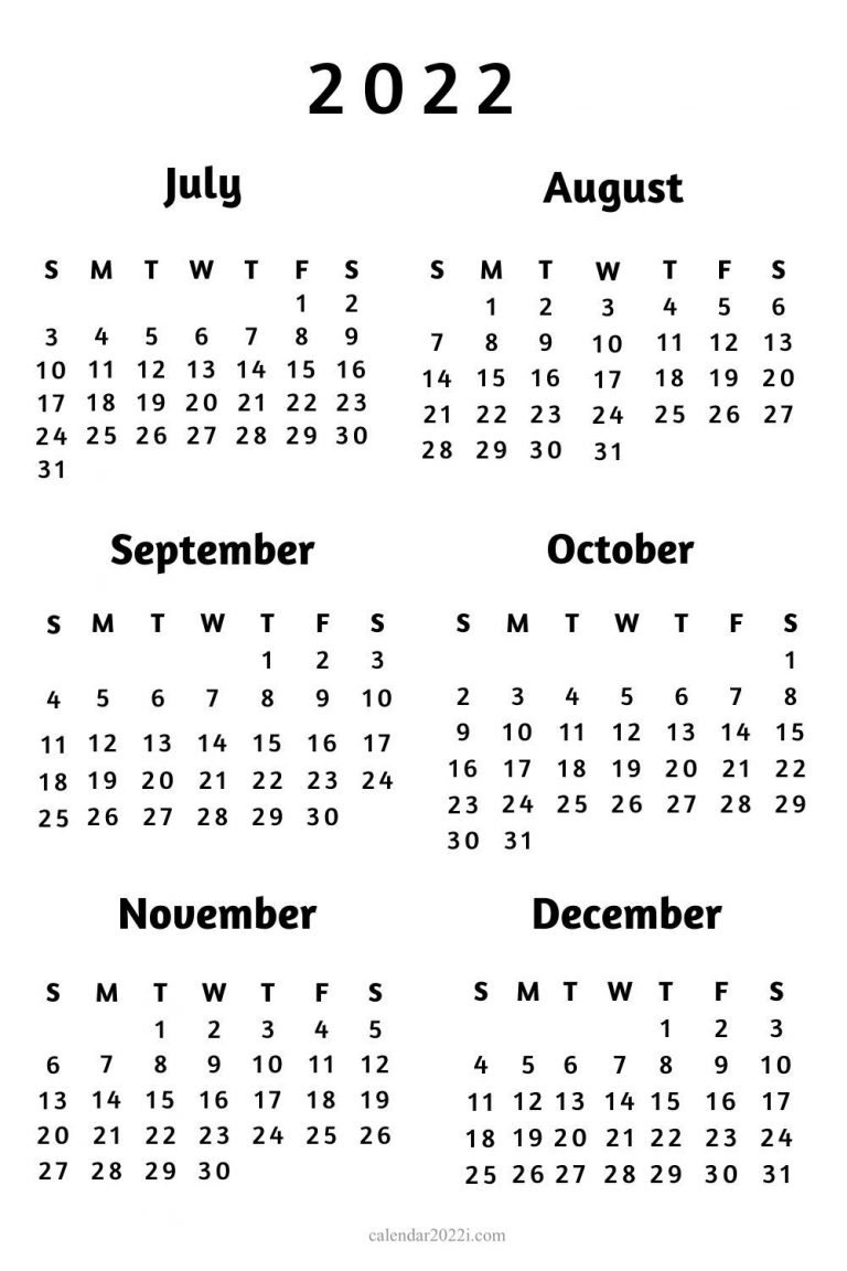 6 Months 2022 Half Year Calendar Printable - Calendar 2022