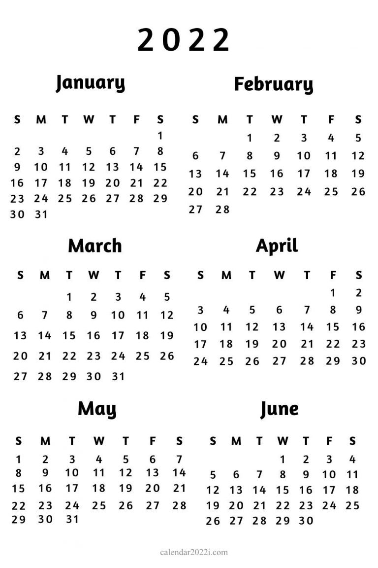 6 Months 2022 Half Year Calendar Printable - Calendar 2022