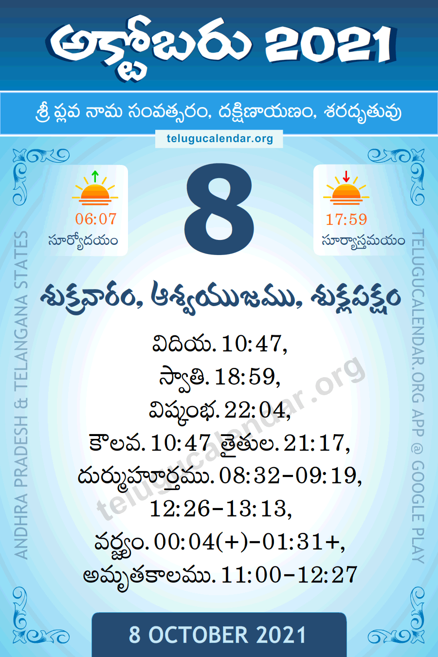 8 October 2021 Panchangam Calendar Daily In Telugu
