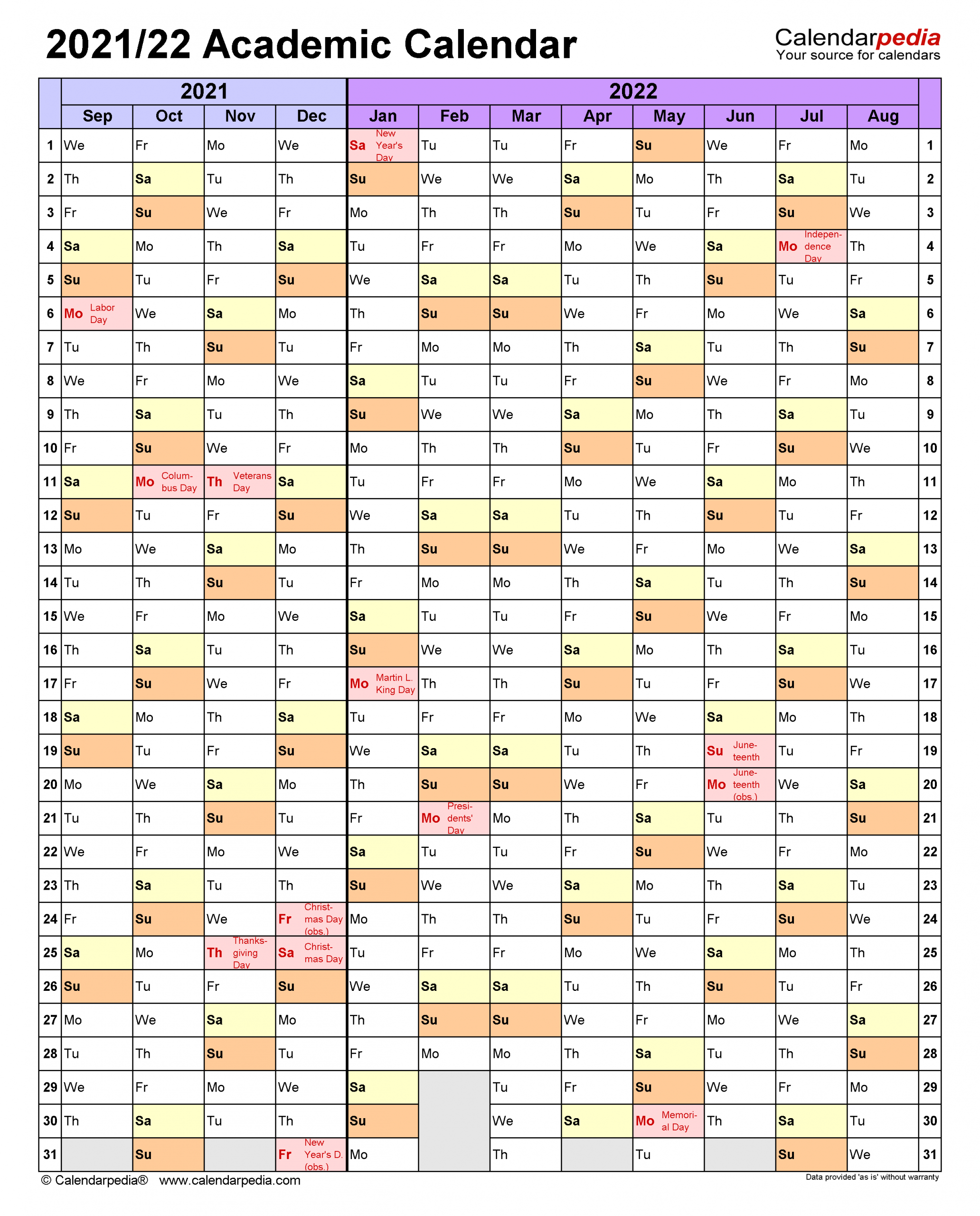 Academic Calendars 2021/2022 - Free Printable Pdf Templates