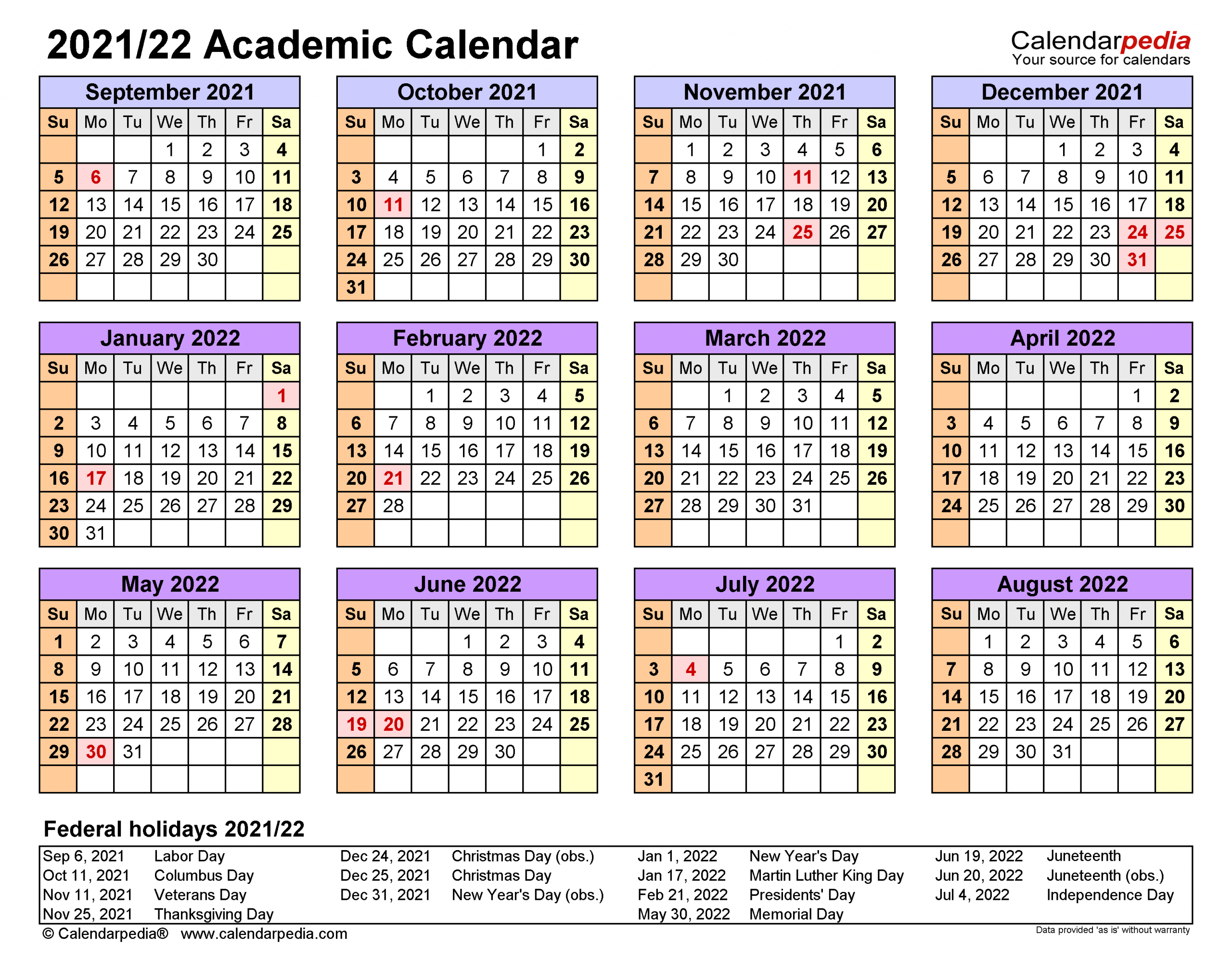 Academic Calendars 2021/2022 - Free Printable Word Templates