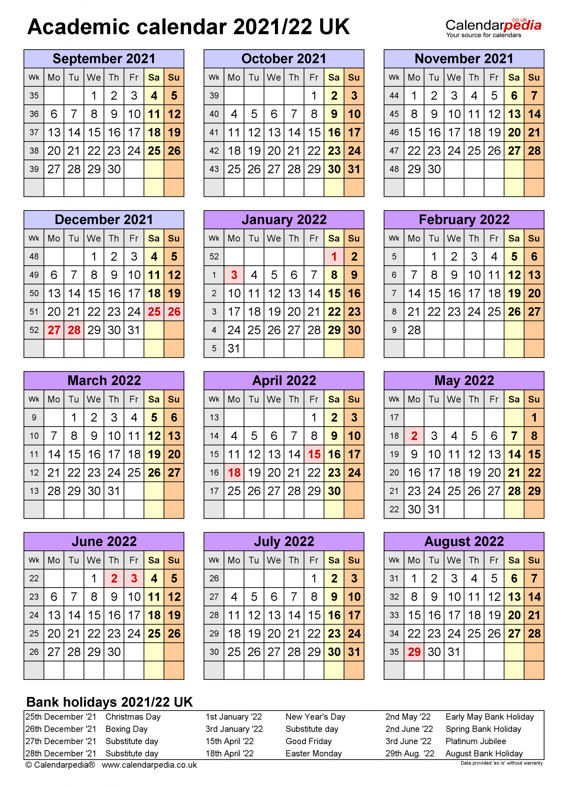 Academic Calendars 2021/22 Uk - Free Printable Excel Templates
