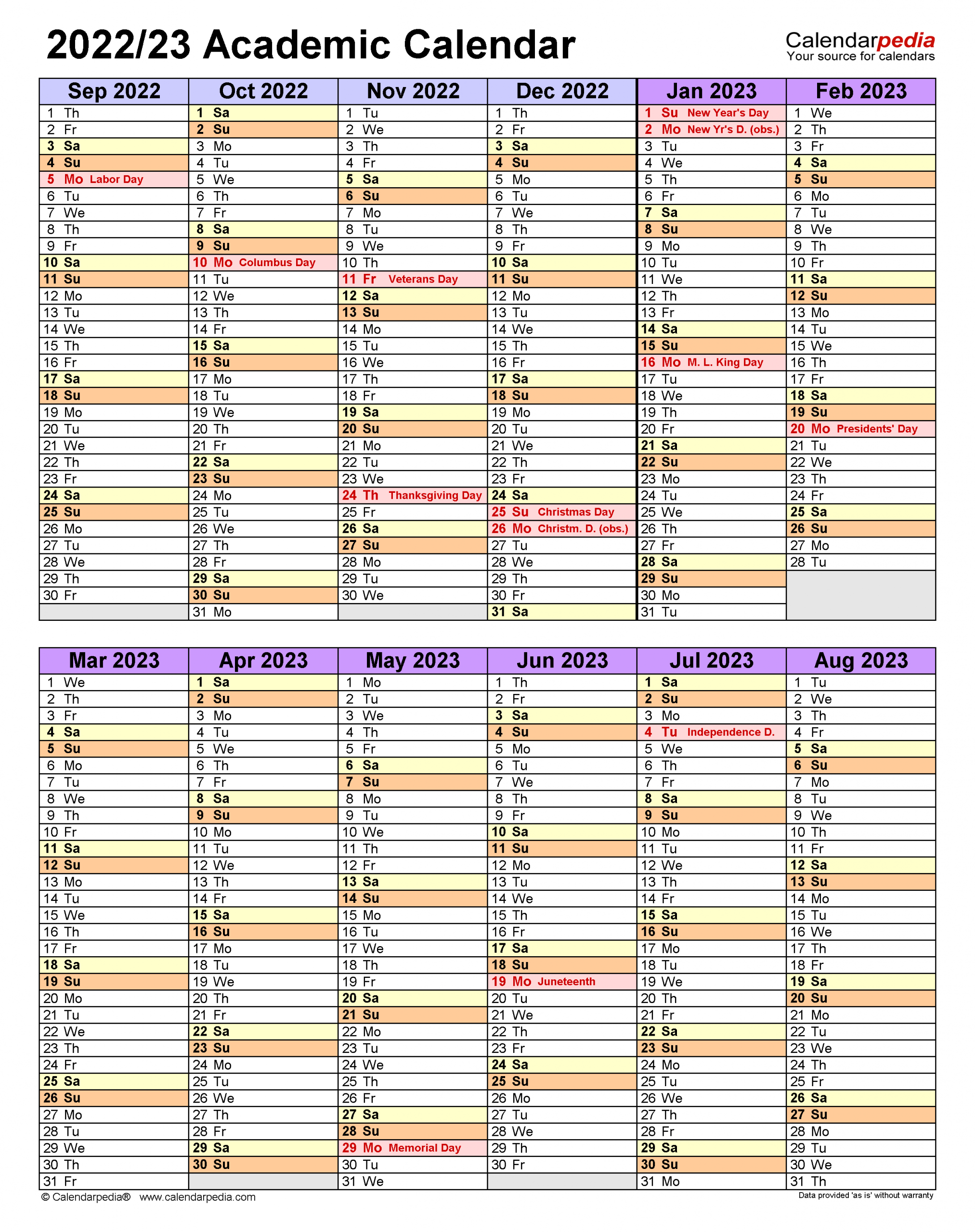 Academic Calendars 2022/2023 - Free Printable Word Templates