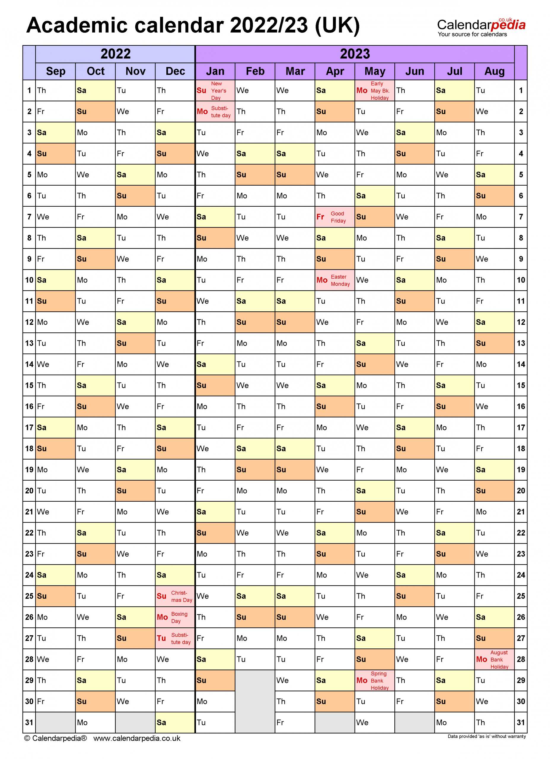 Academic Calendars 2022/23 Uk - Free Printable Pdf Templates