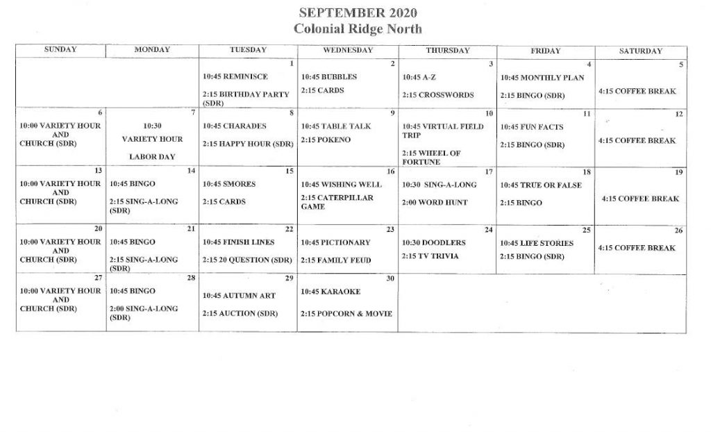 Activities Calendar - September 2020 | Elcor Nursing And