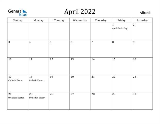 Albania April 2022 Calendar With Holidays
