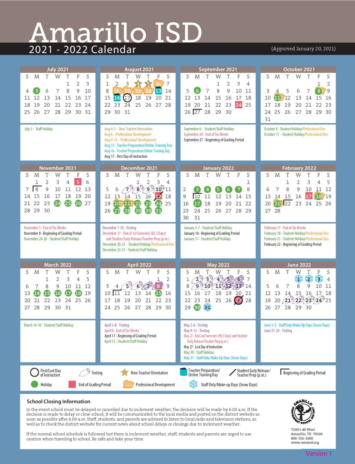Amarillo Independent School District Calendar 2021-2022