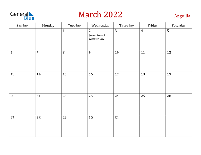 Anguilla March 2022 Calendar With Holidays