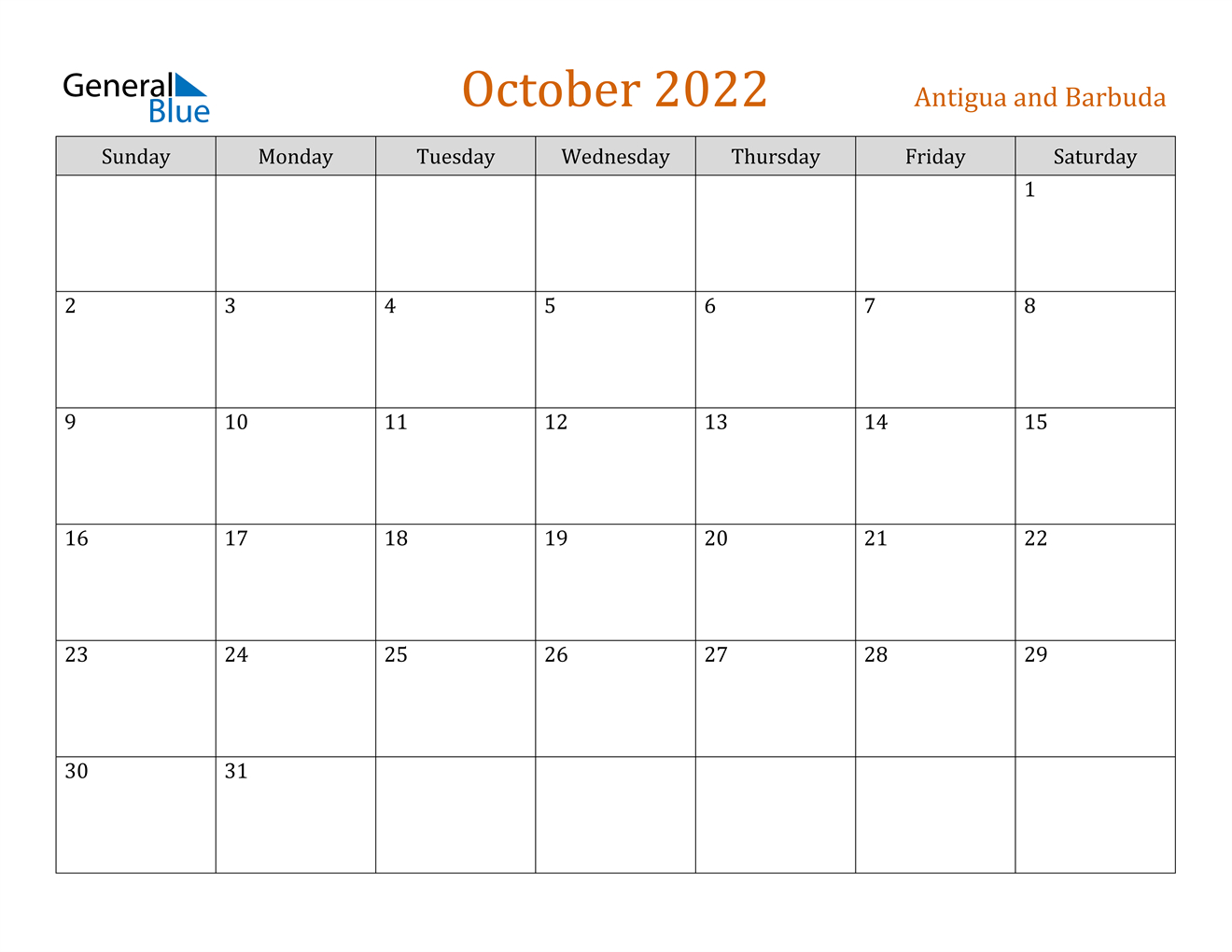 Antigua And Barbuda October 2022 Calendar With Holidays