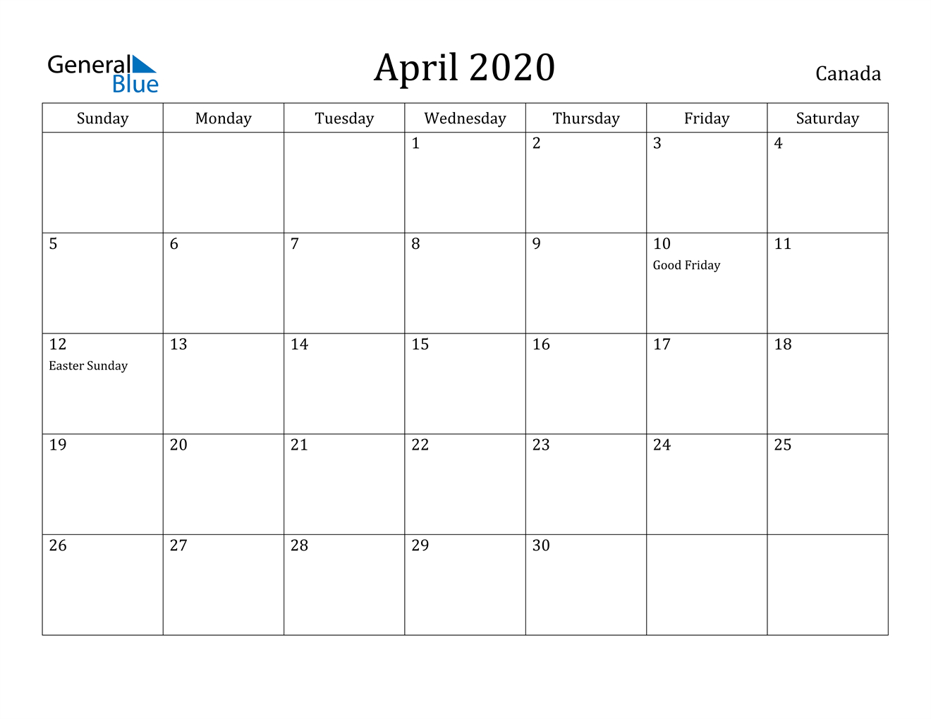 April 2020 Calendar - Canada