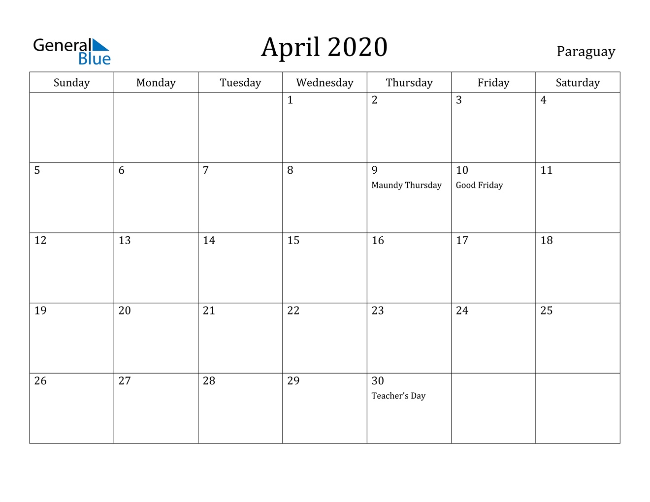 April 2020 Calendar - Paraguay