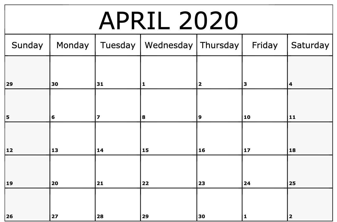 April 2020 Calendar Printable Template | Editable Calendar